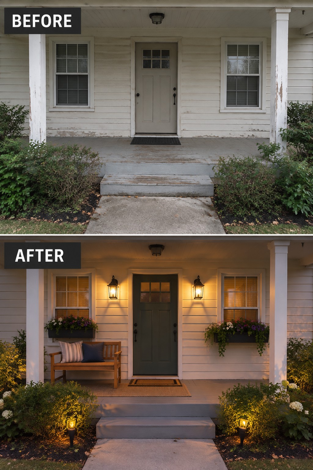 Before and after porch renovation with dark green door, bench, flower boxes, and lights
