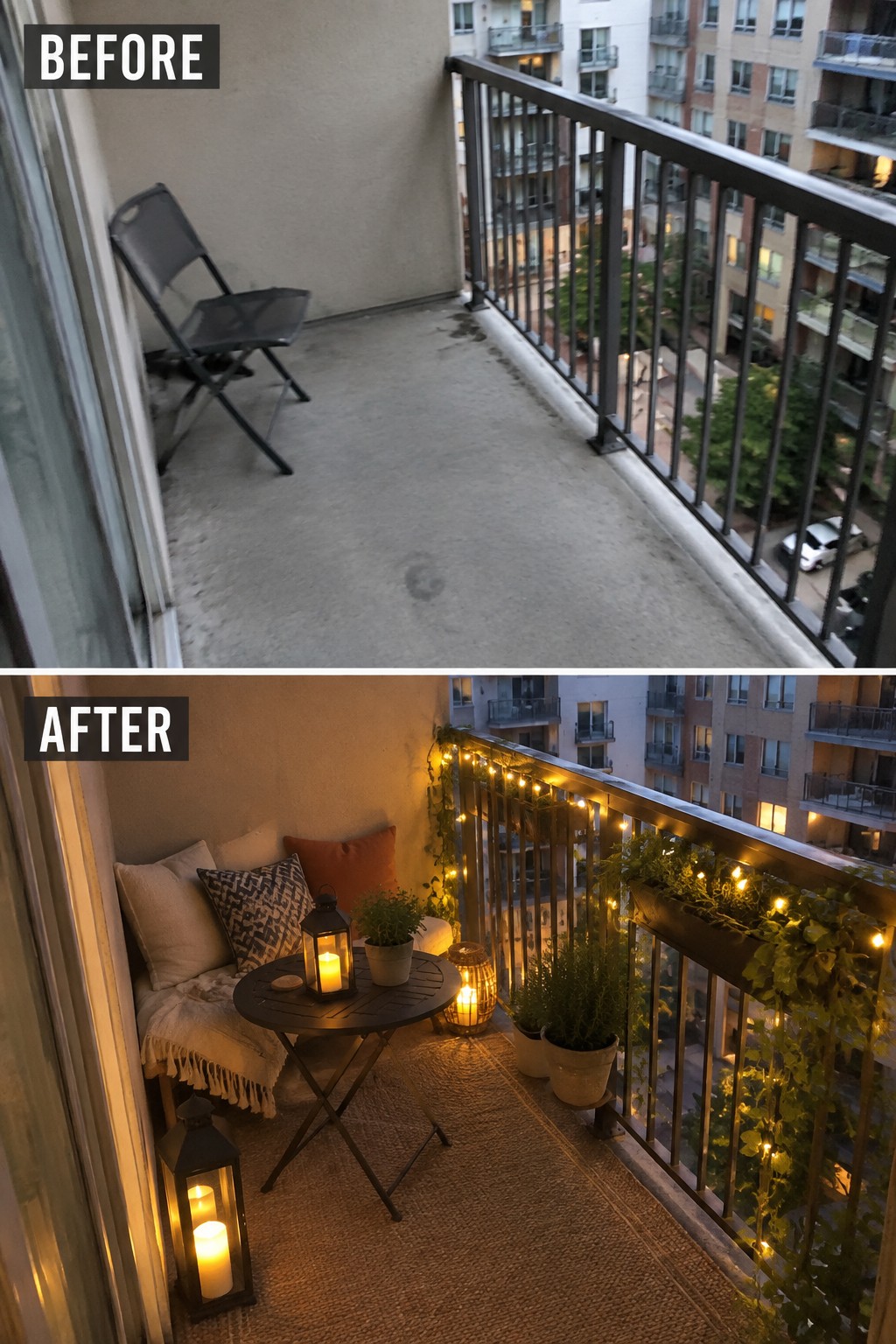 Before and after balcony: bare space with chair transformed into cozy setup with lights and plants