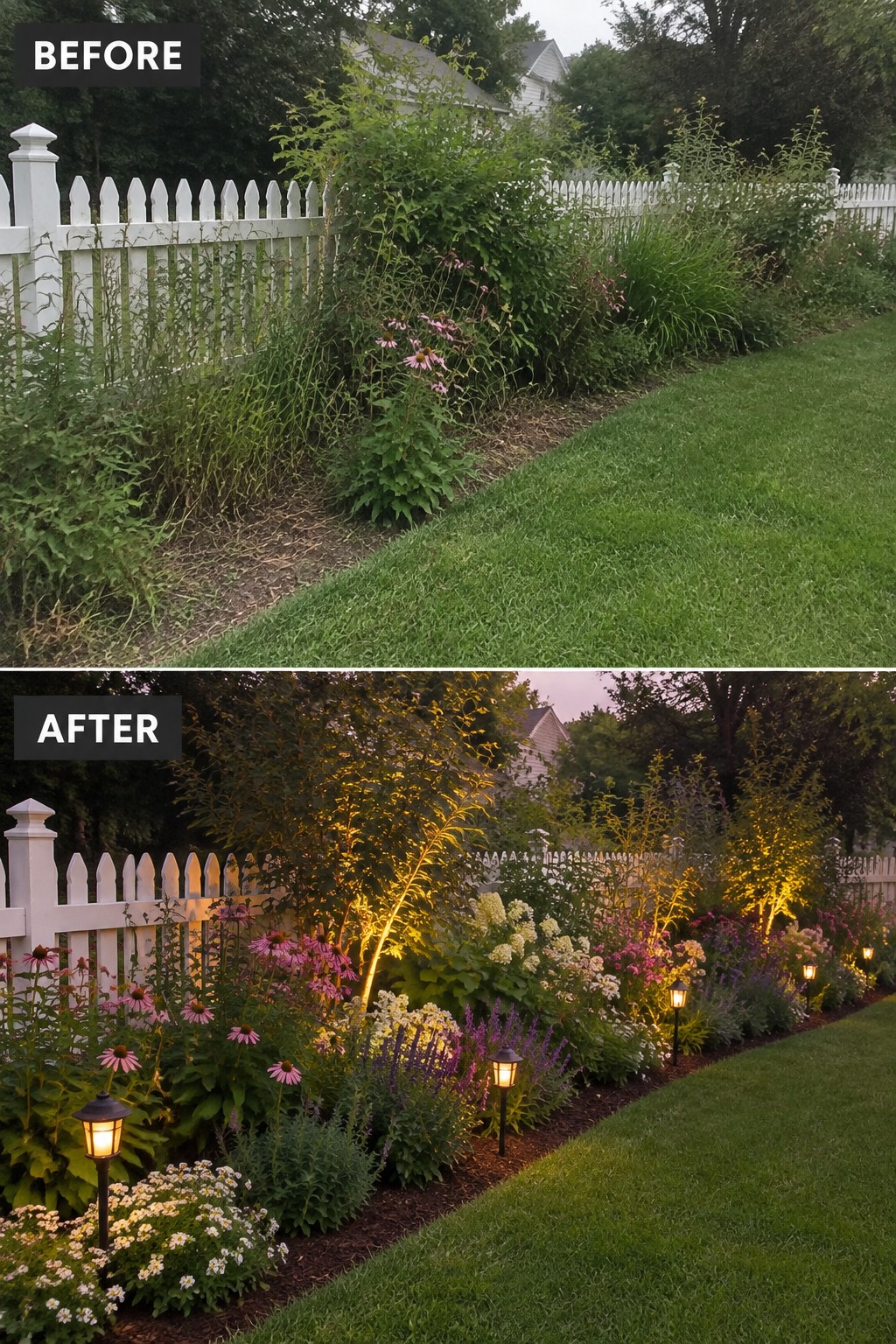 Before and after of overgrown garden transformed into colorful flowerbed with lights by fence.