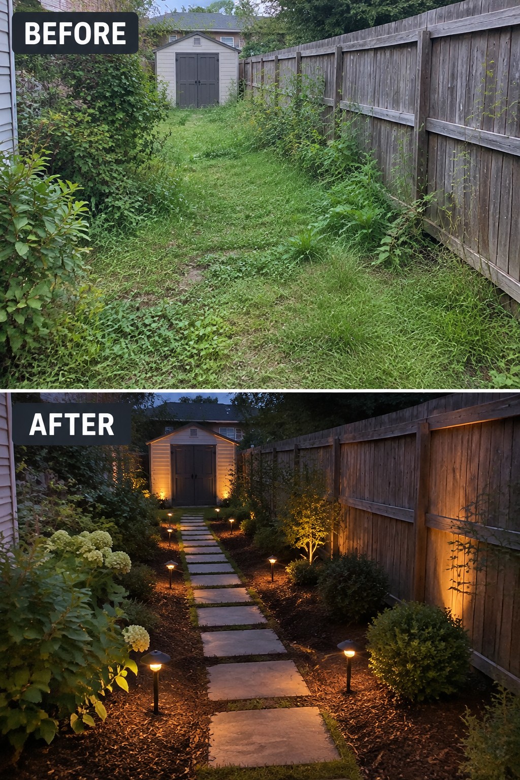 Before and after backyard with stone path, lights, and landscaped plants