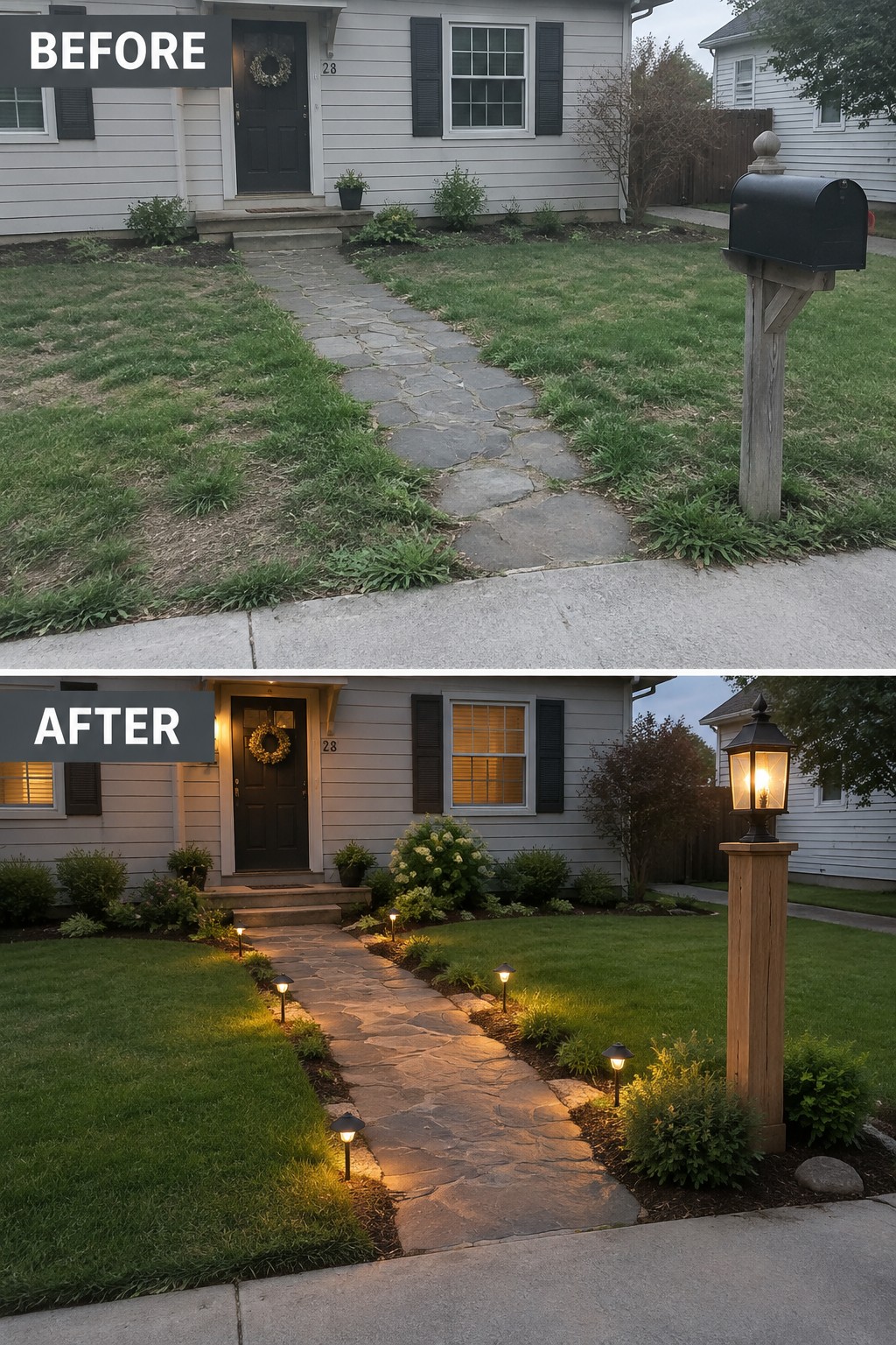 Before and after views of house entry with lit stone path and new lantern post.