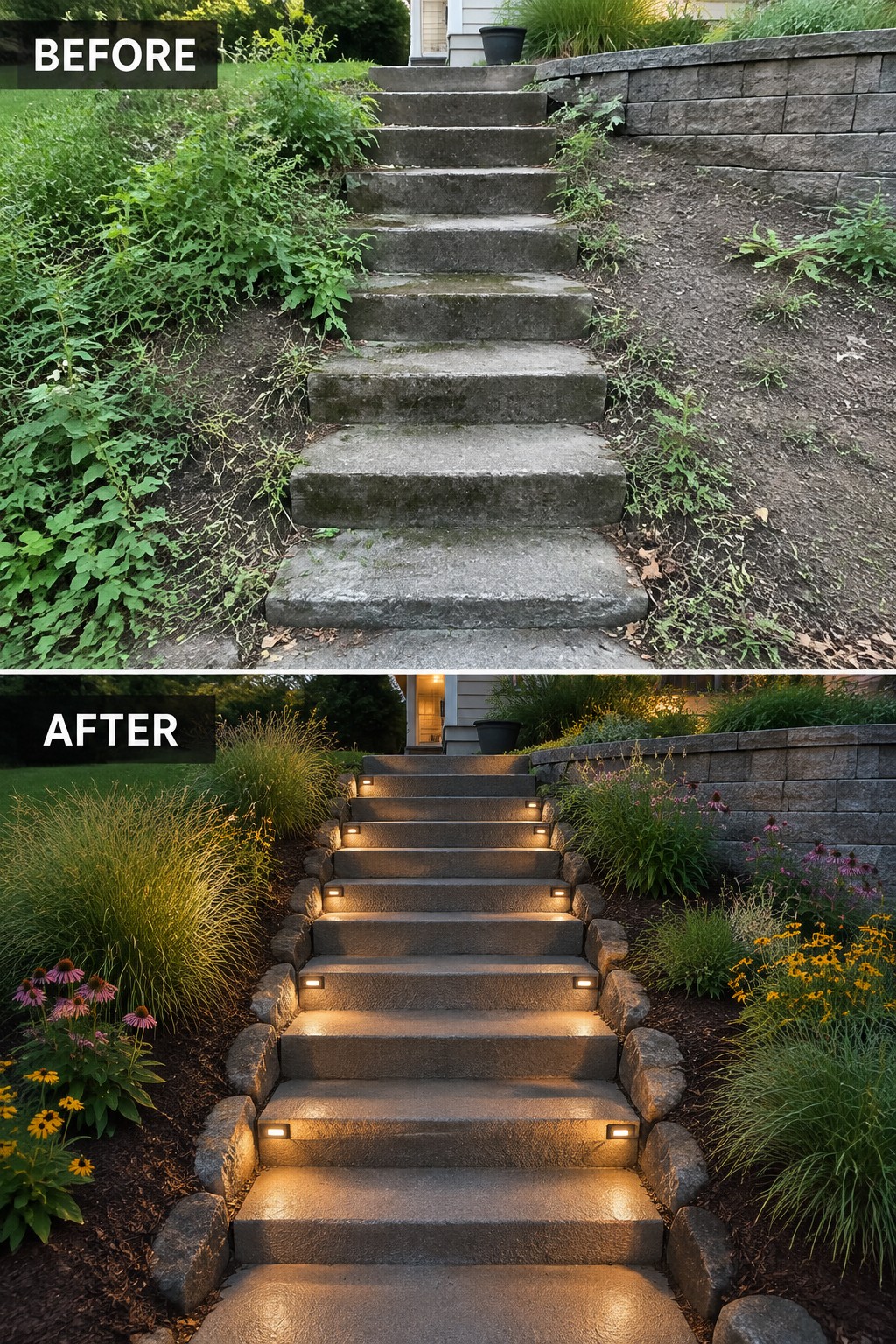 Before-and-after image of concrete garden stairs updated with step lights, rock edging, and new plantings along both sides.