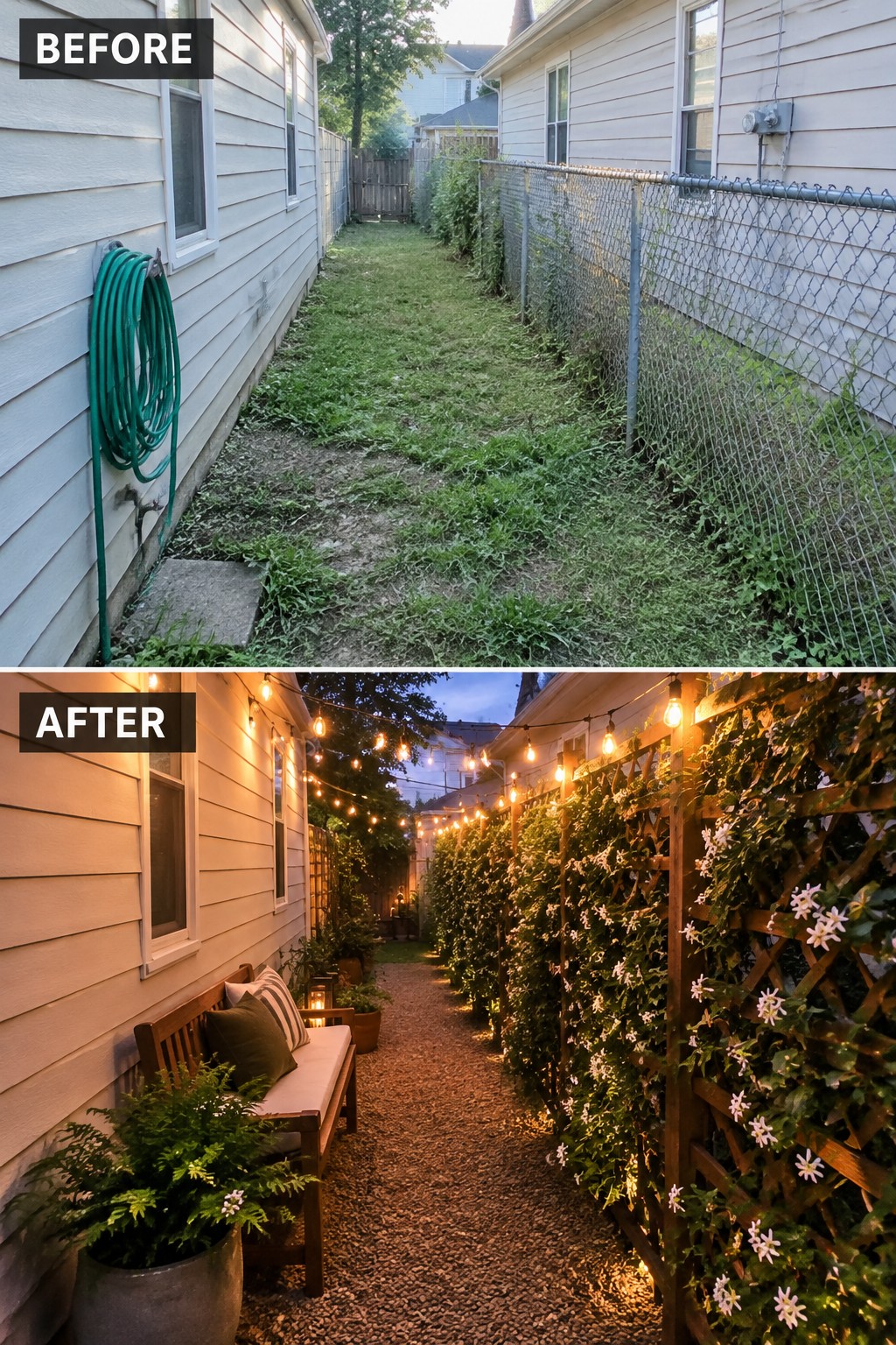 Before and after of overgrown yard transformed into lit gravel path with bench and trellis.