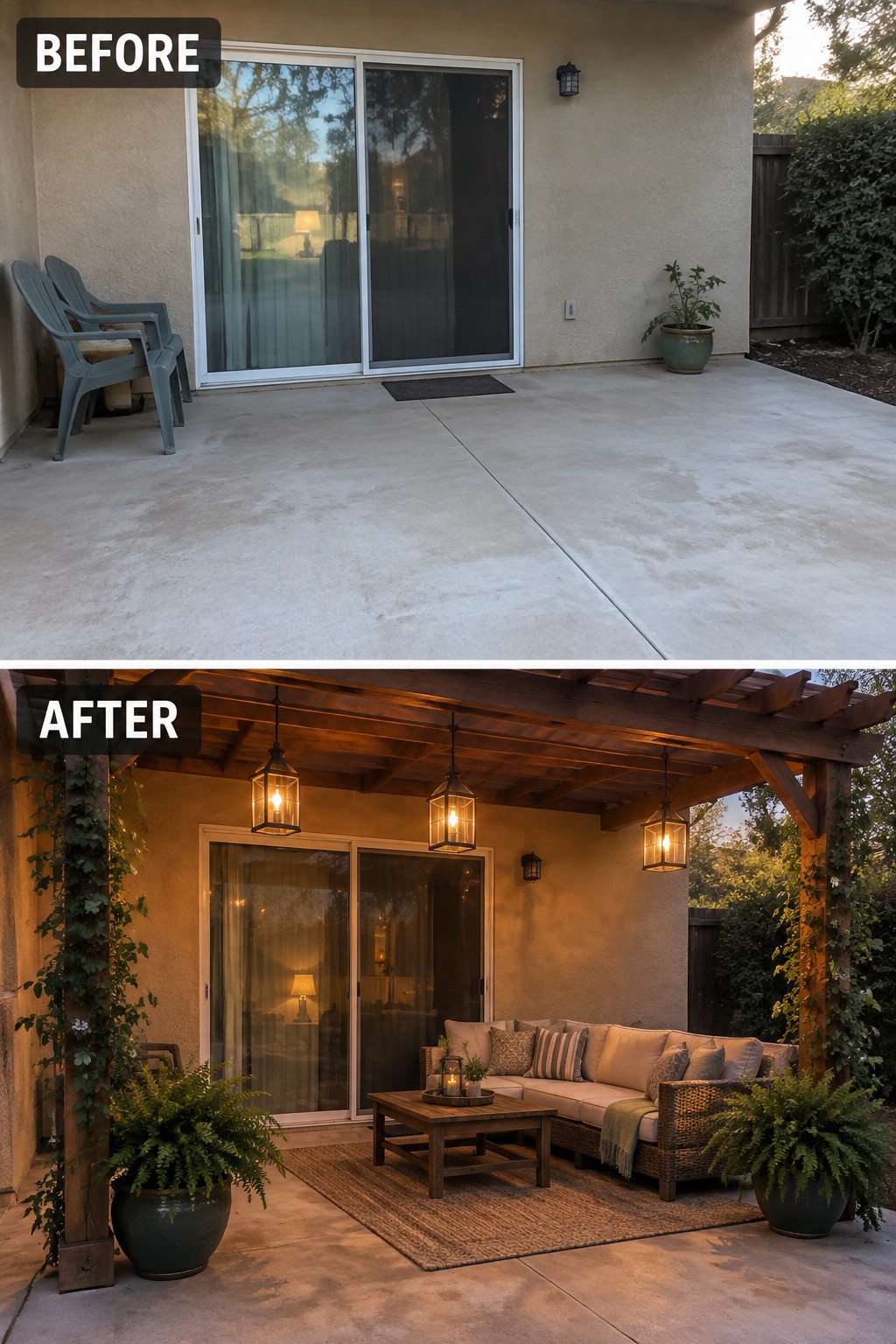 Before-and-after image of a bare concrete patio transformed into a furnished outdoor seating area with a wooden pergola, hanging lanterns, sofa, coffee table, and rug.