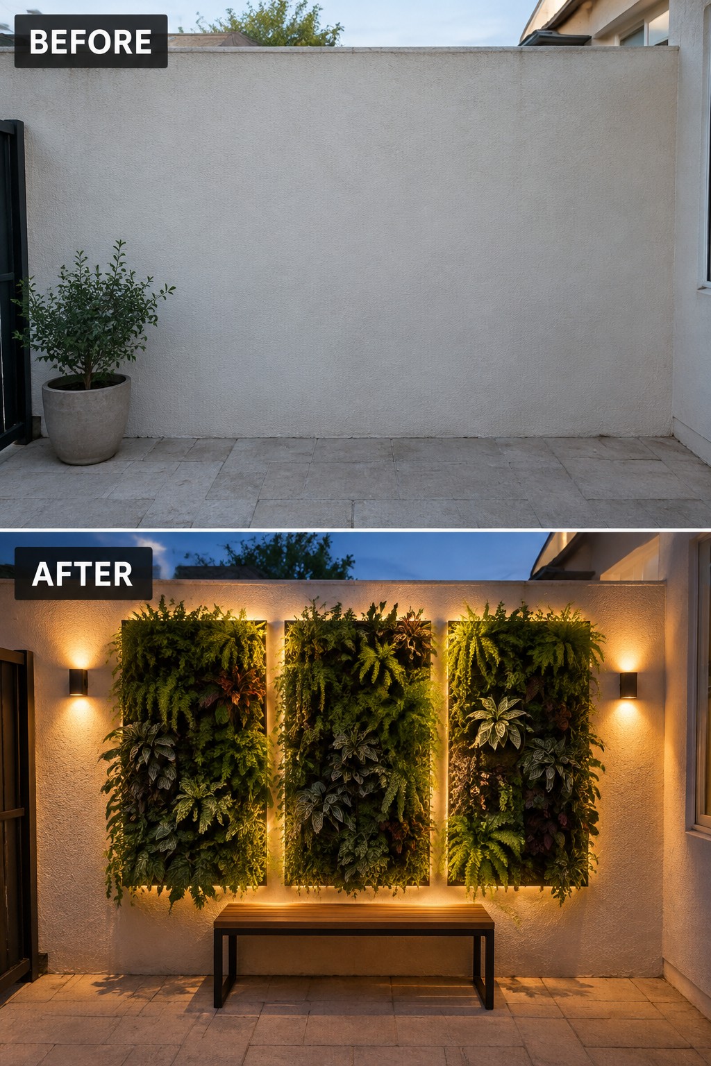 Before and after patio wall transformed into three lit vertical gardens with bench.