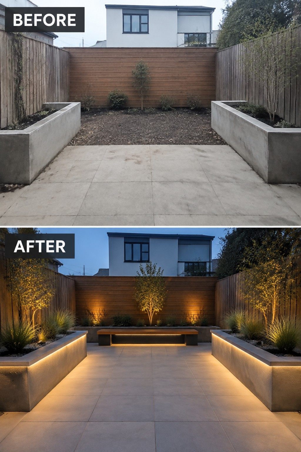 Before and after patio with glowing planters, bench, trees, and modern lighting