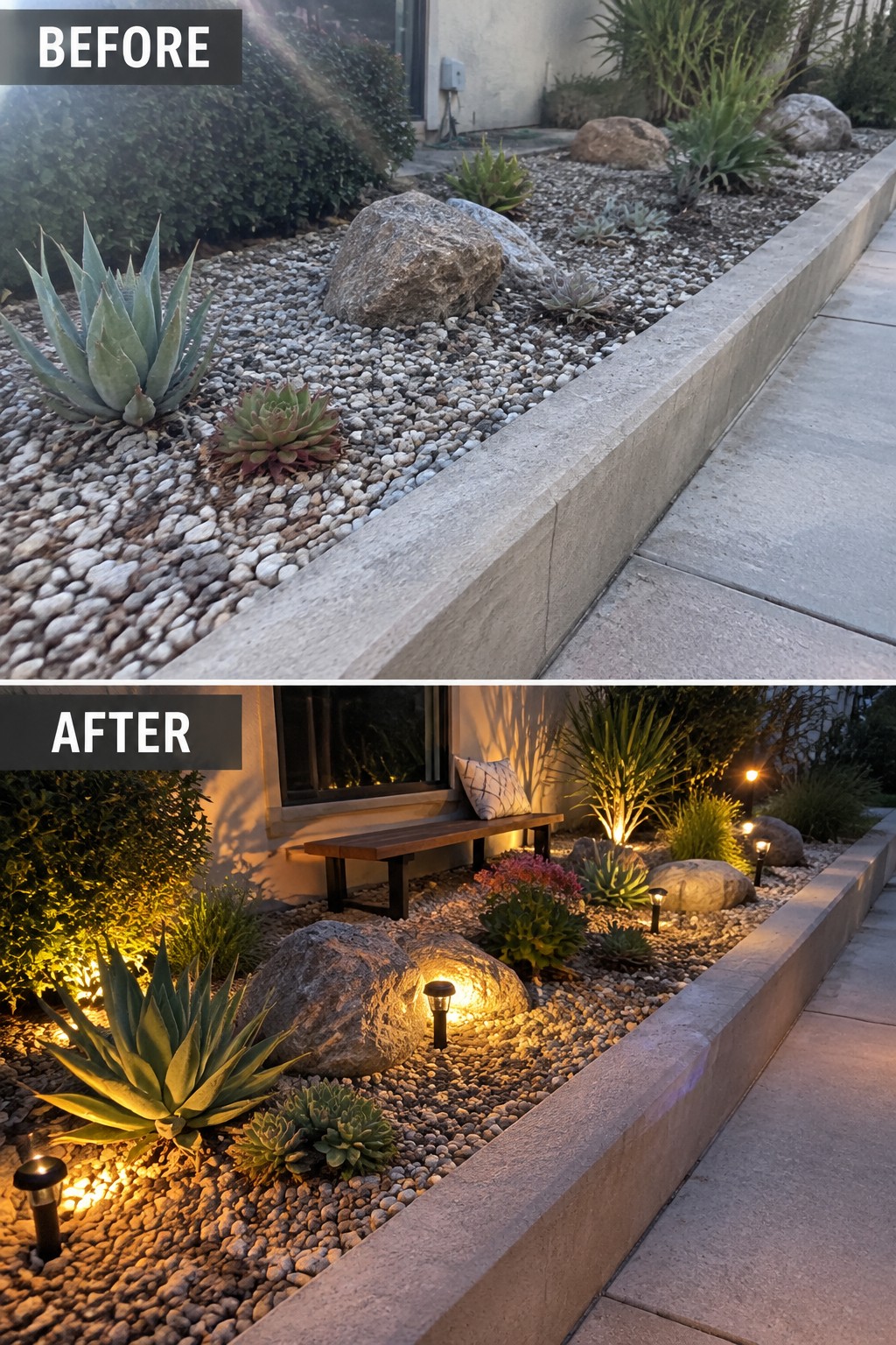 Before and after of gravel garden bed with succulents, rocks, bench and pathway lights.