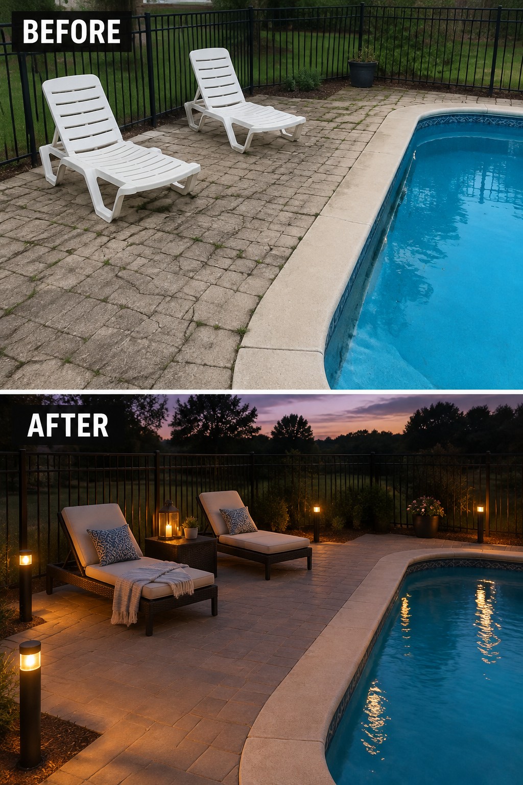 Before-and-after view of pool patio with white chairs transformed into lit modern loungers at dusk