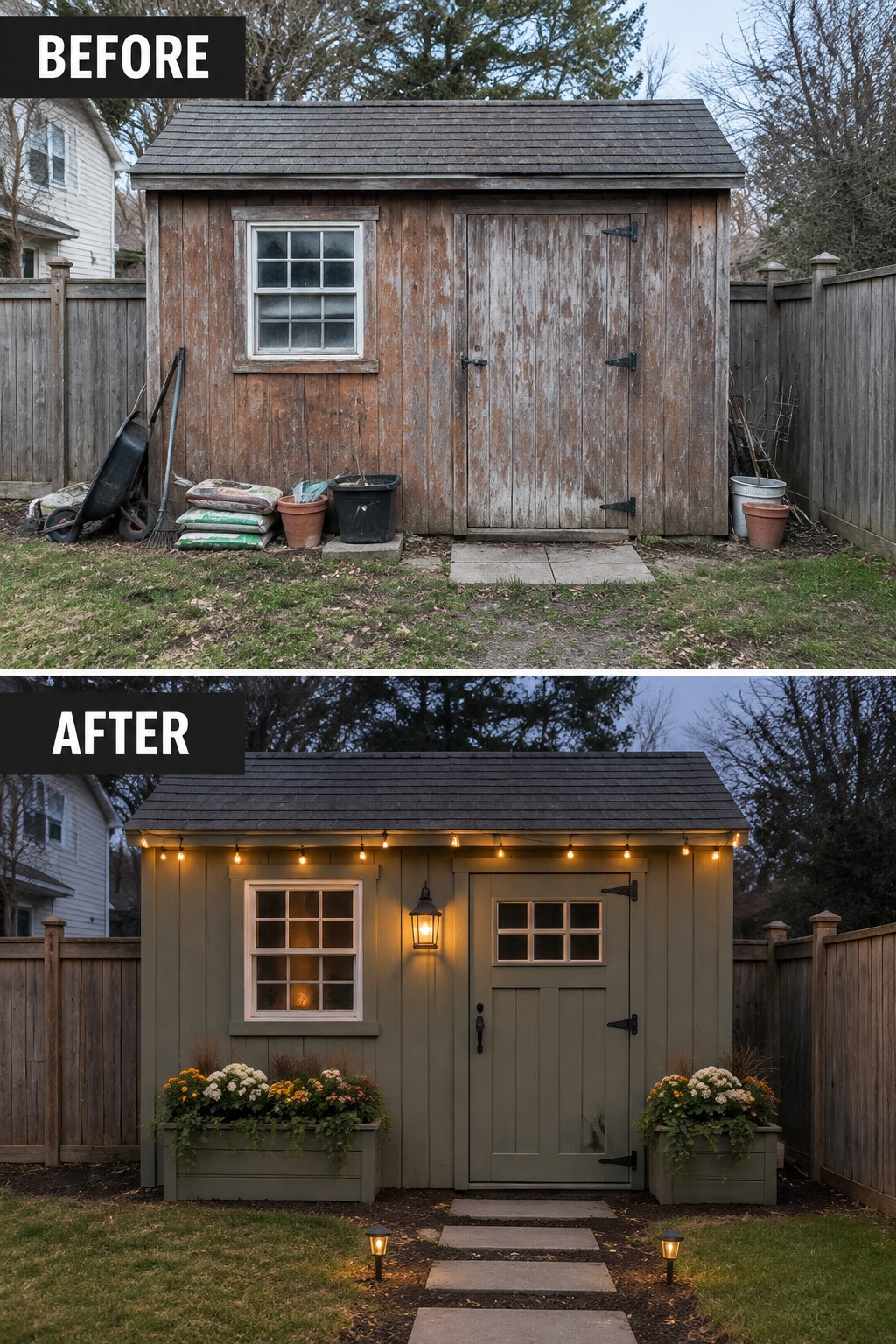 Before-and-after image of a weathered wooden shed transformed with green paint, string lights, a wall lantern, flower boxes, and path lighting.