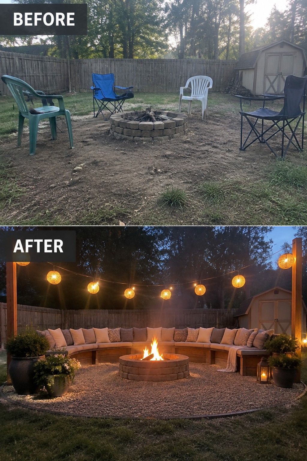 Before-and-after backyard fire pit with chairs upgraded to bench seating and string lights