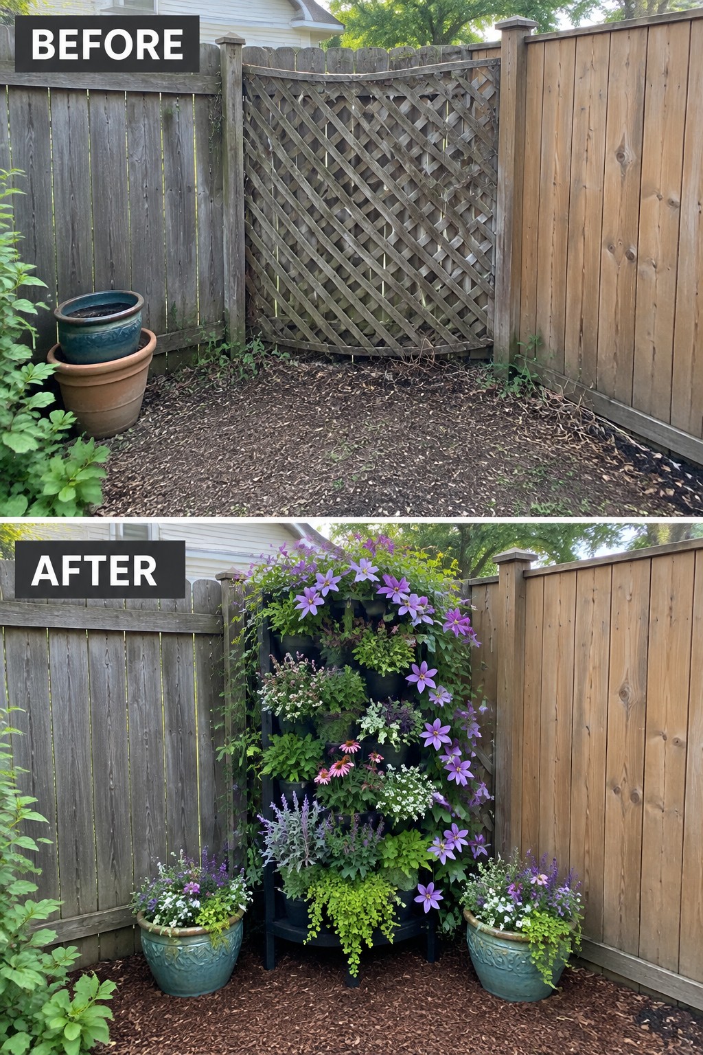 Before and after fence corner transformed by colorful vertical garden planter with flower pots