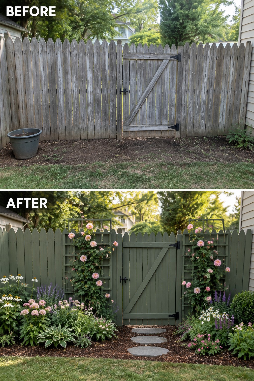 Before-and-after image of a weathered wooden fence transformed with green paint, trellises, climbing roses, and new garden beds with a stepping stone path.
