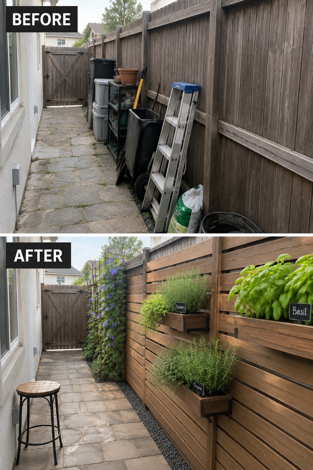 Before and after of cluttered yard transformed into vertical herb garden with wooden planters.