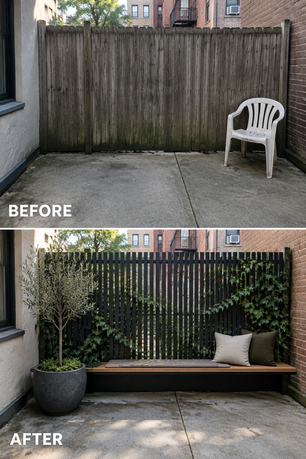 Before and after of patio with new black fence, bench, and potted plants.