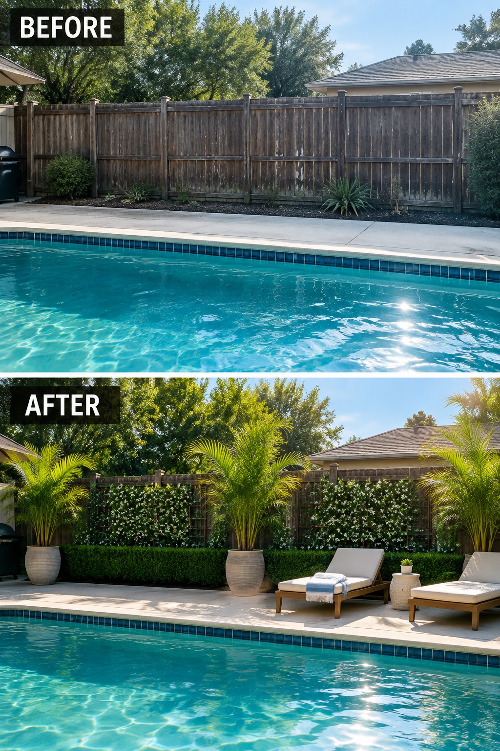 Poolside before and after: bare fence above, lush plants and lounge chairs below.
