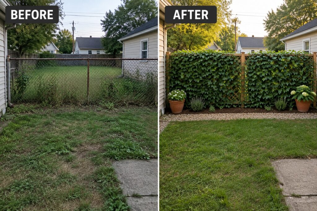 17 Creative Garden Fence Makeover Ideas With Climbing Plants and Privacy Screening Before-and-after backyard fence: rusty chain-link above, lush ivy-covered lattice below with planters.