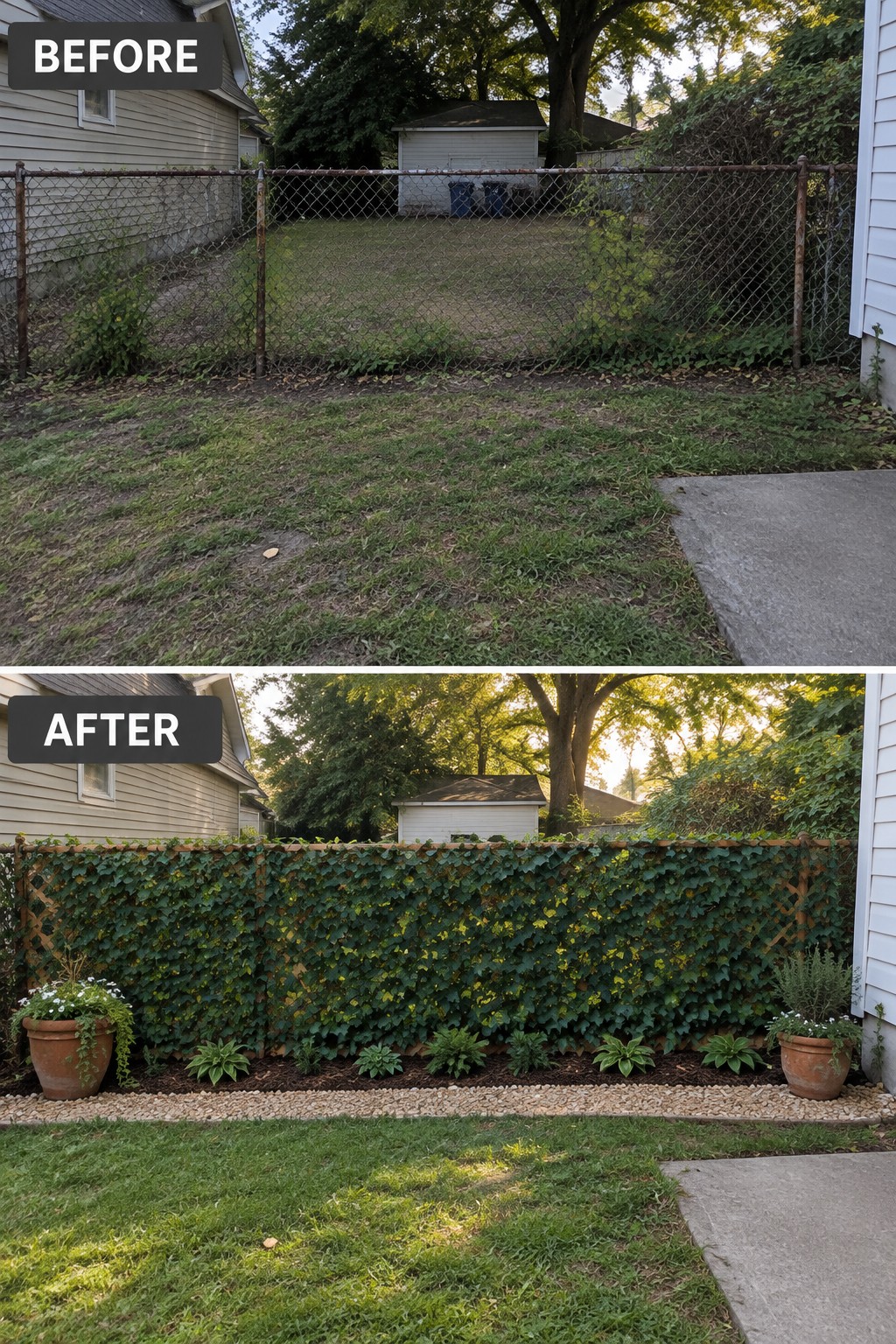 Before-and-after backyard fence: rusty chain-link above, lush ivy-covered lattice below with planters.