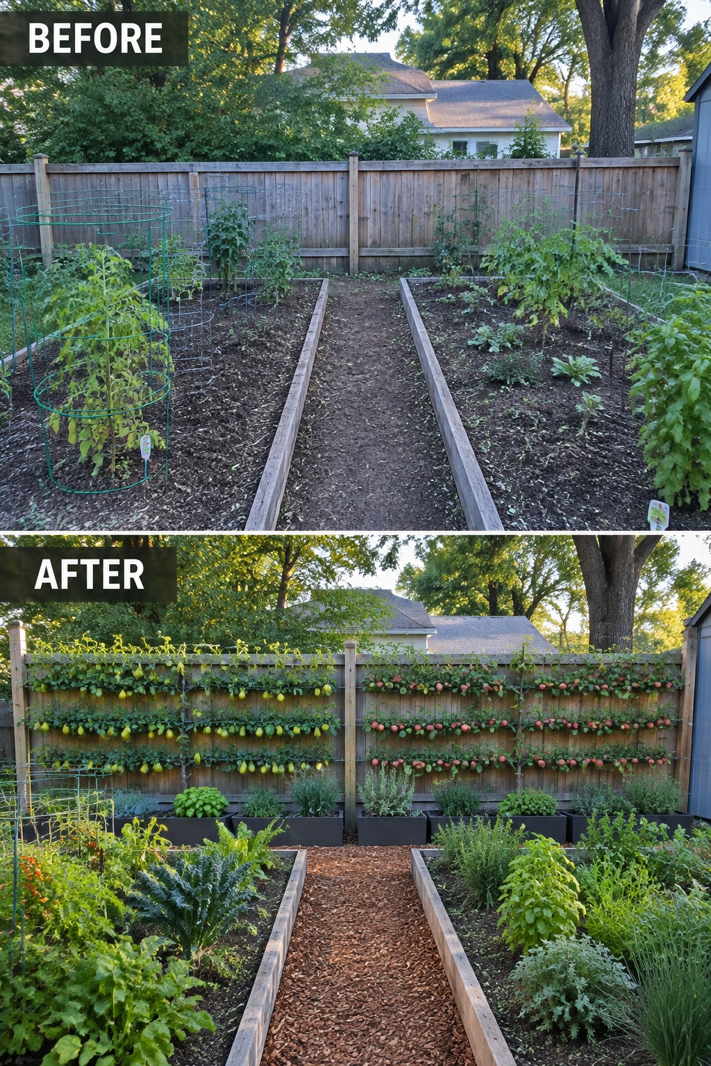 Before and after of backyard garden with espaliered pears and apples on fence.