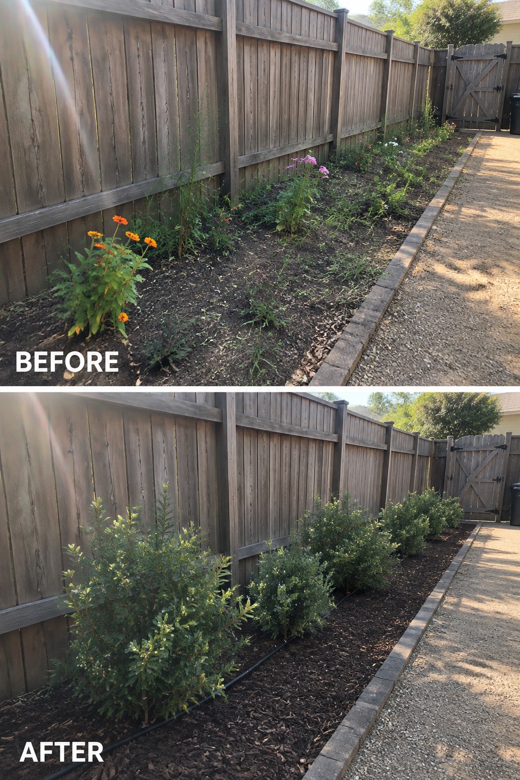 Before-and-after image of an overgrown garden border along a fence transformed into mulched beds with spaced shrubs and irrigation lines.
