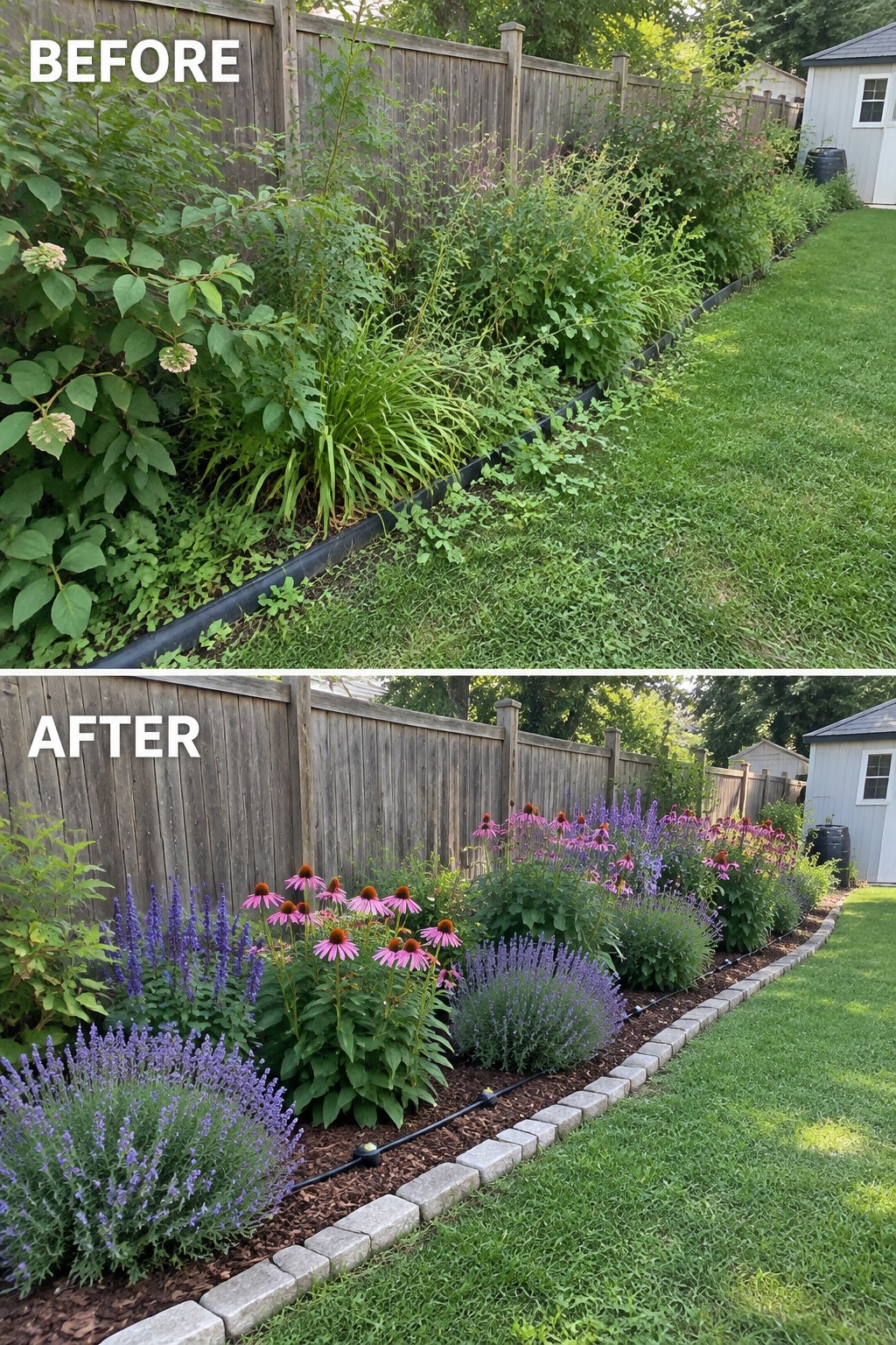 Before-and-after image of an overgrown garden border changed into neat flower beds with edging, mulch, and organized planting.