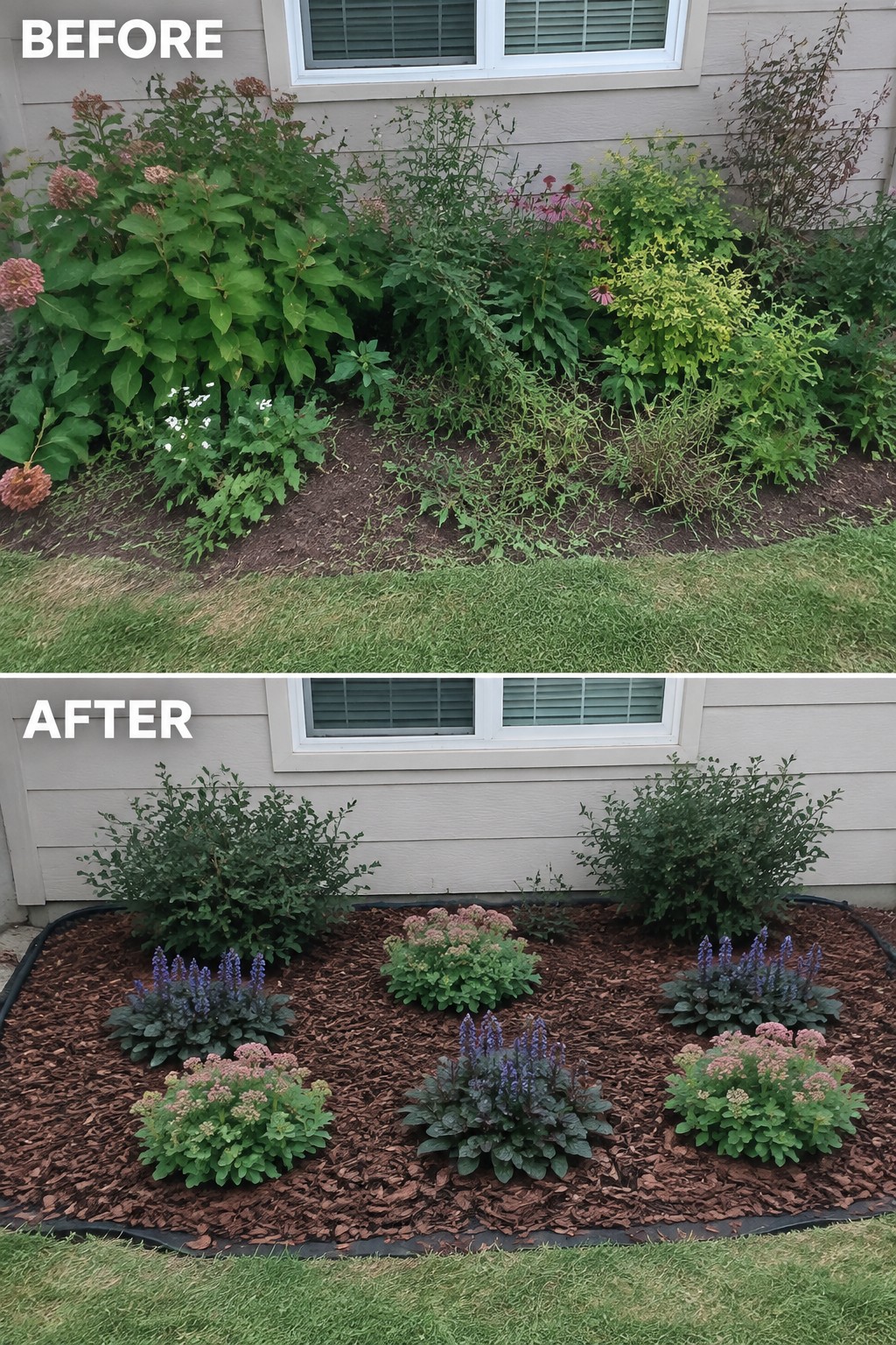 Before and after of a house garden bed: overgrown plants versus neat mulched shrubs and flowers