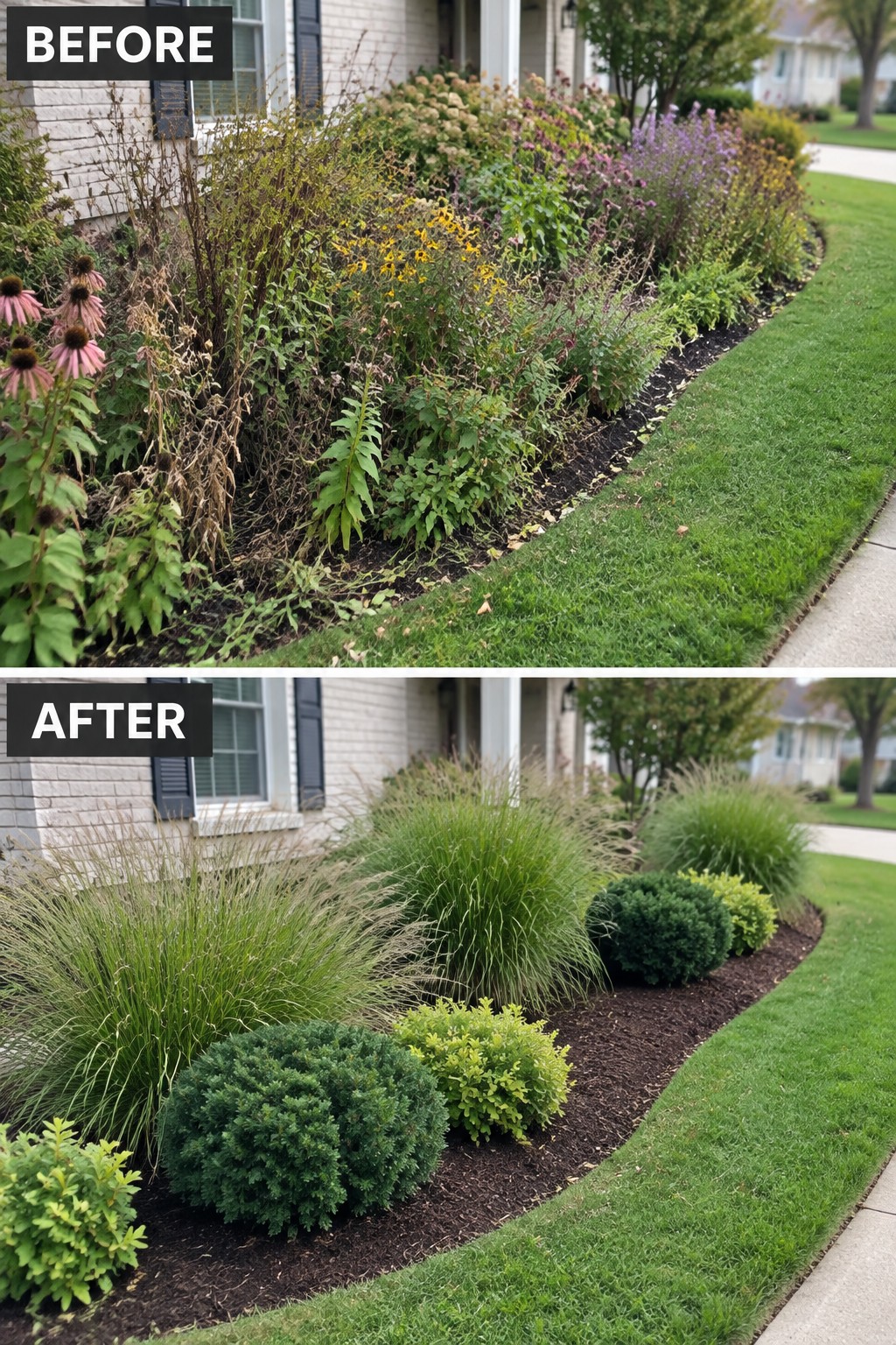 Before-after view of overgrown garden bed mulched with neat shrubs and grasses.