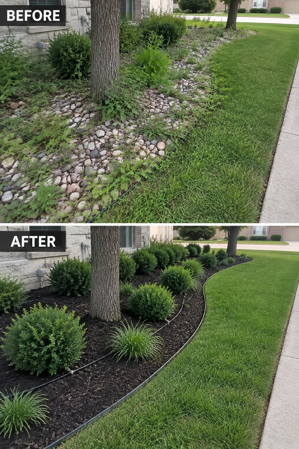 Before weedy pebble bed and after neat mulched garden with shrubs and grasses.