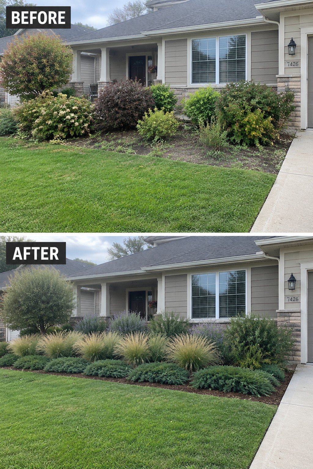 Before and after views of house front yard with updated landscaping and plants