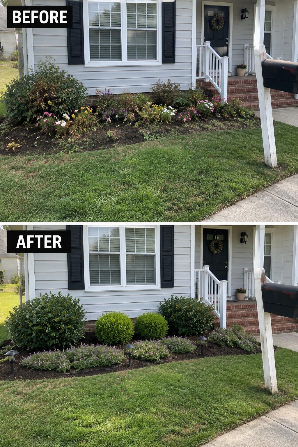 Before and after of white house garden bed with messy plants turned into neat shrubs and flowers.