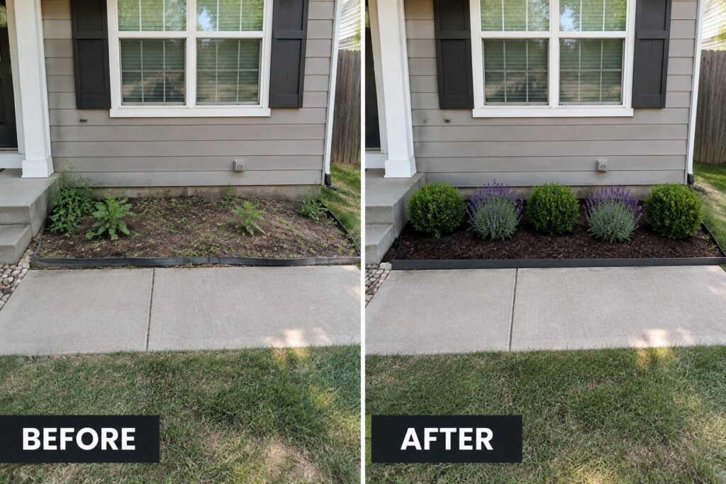 18 Low-Maintenance Flower Bed Ideas for Easier Weeding and Watering Before-and-after view of house garden bed, from weeds to mulched shrubs and lavender.