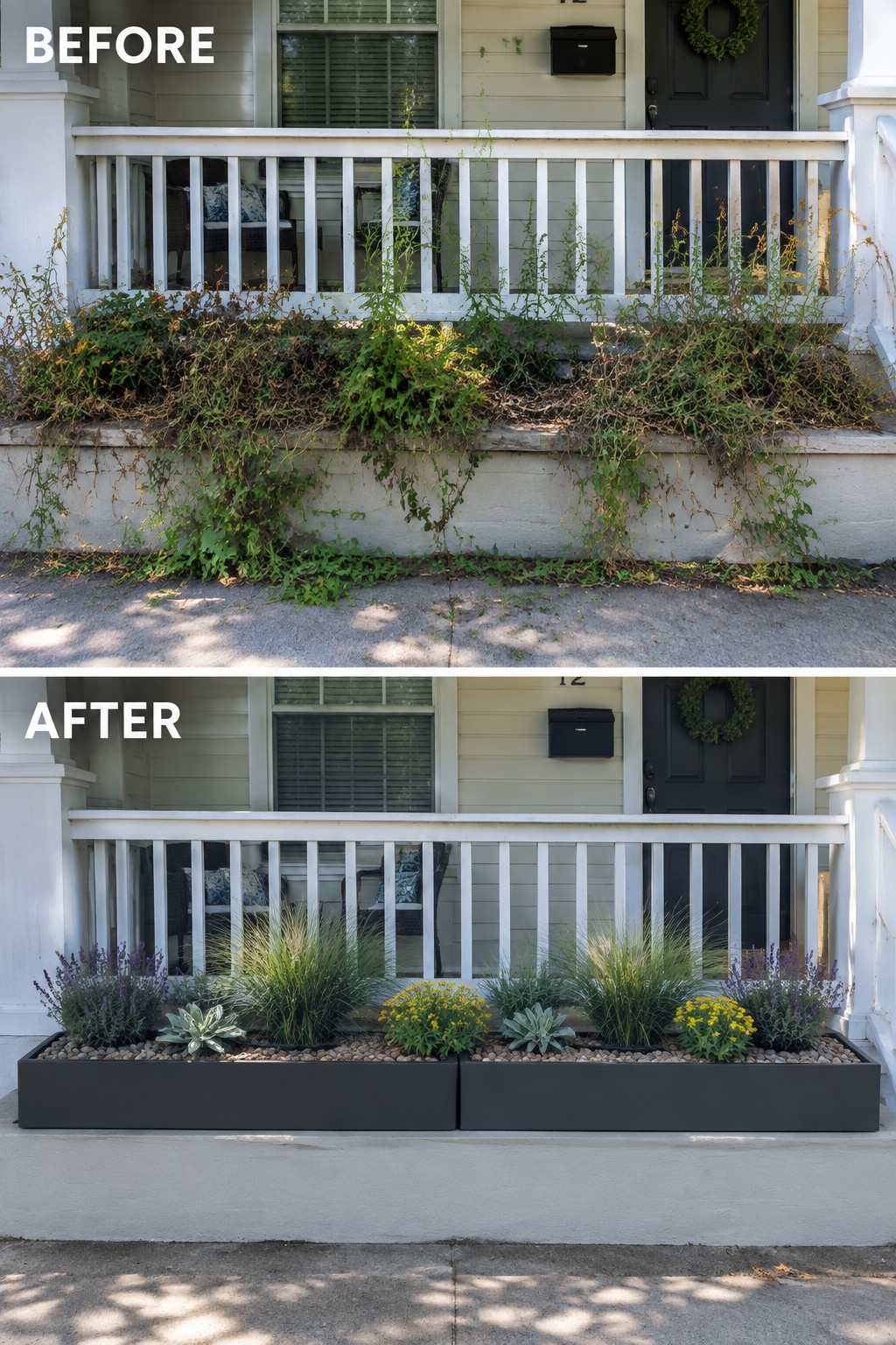 Before-and-after porch: overgrown weeds above, tidy black planters with flowers below.