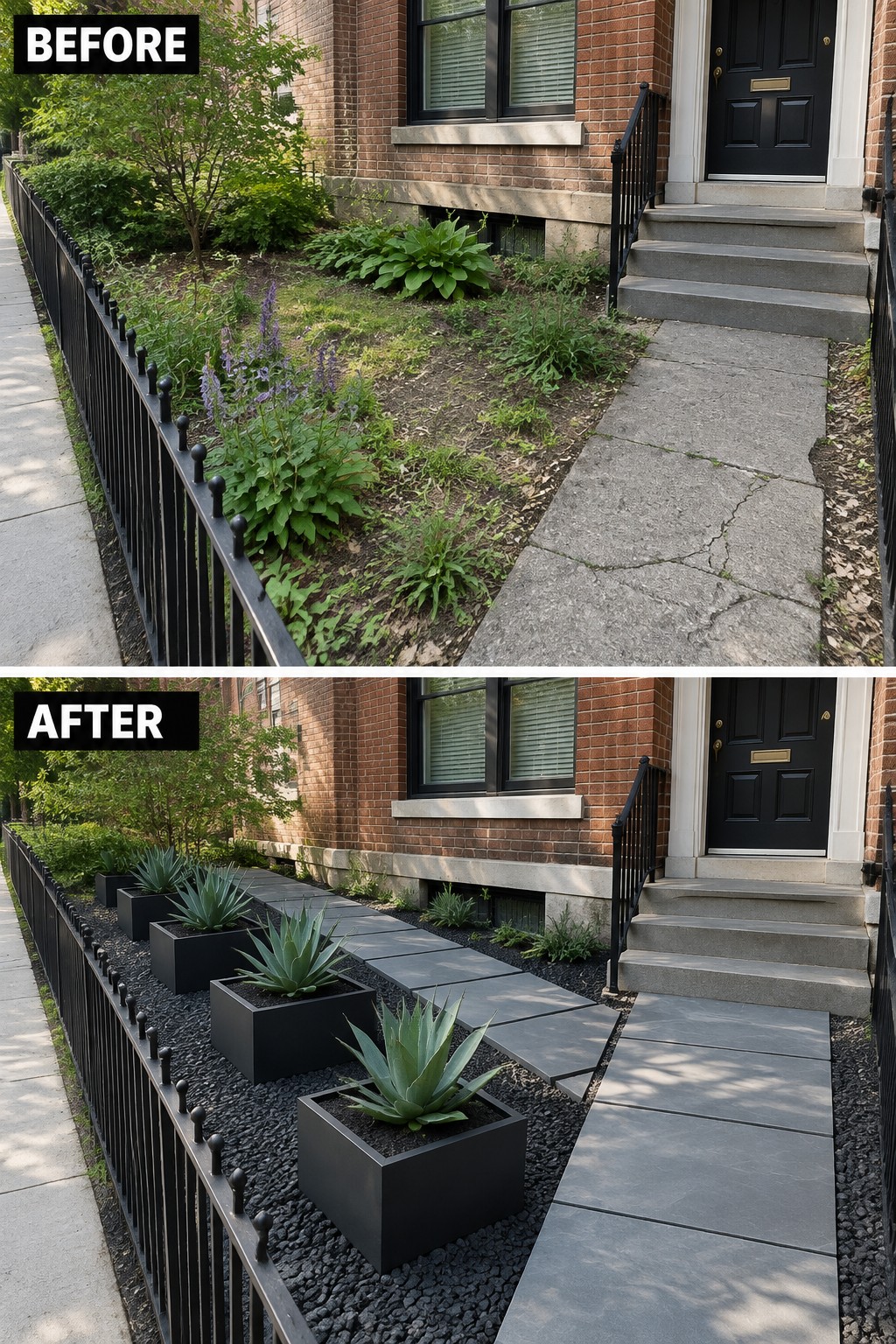Before-and-after image of an overgrown front garden bed changed into a structured row of black square planters set in gravel with linear pavers.