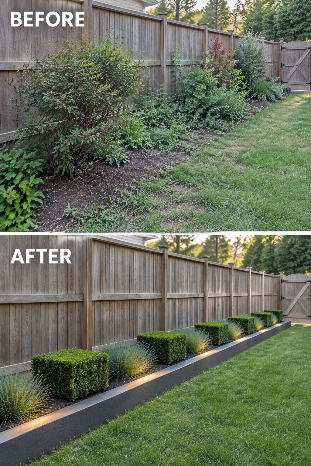 Before-and-after image of an overgrown garden bed along a wooden fence changed into a neat, linear planting strip with box hedges, grasses, dark edging, and lighting.