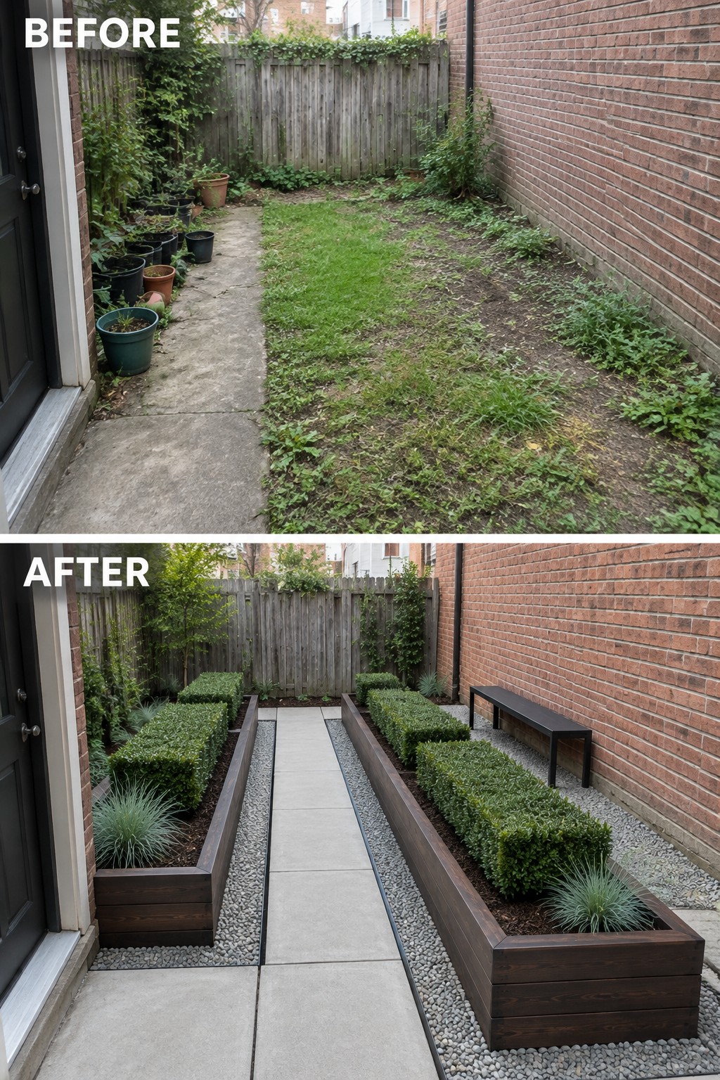 Before and after of narrow backyard with raised planters, path, and bench