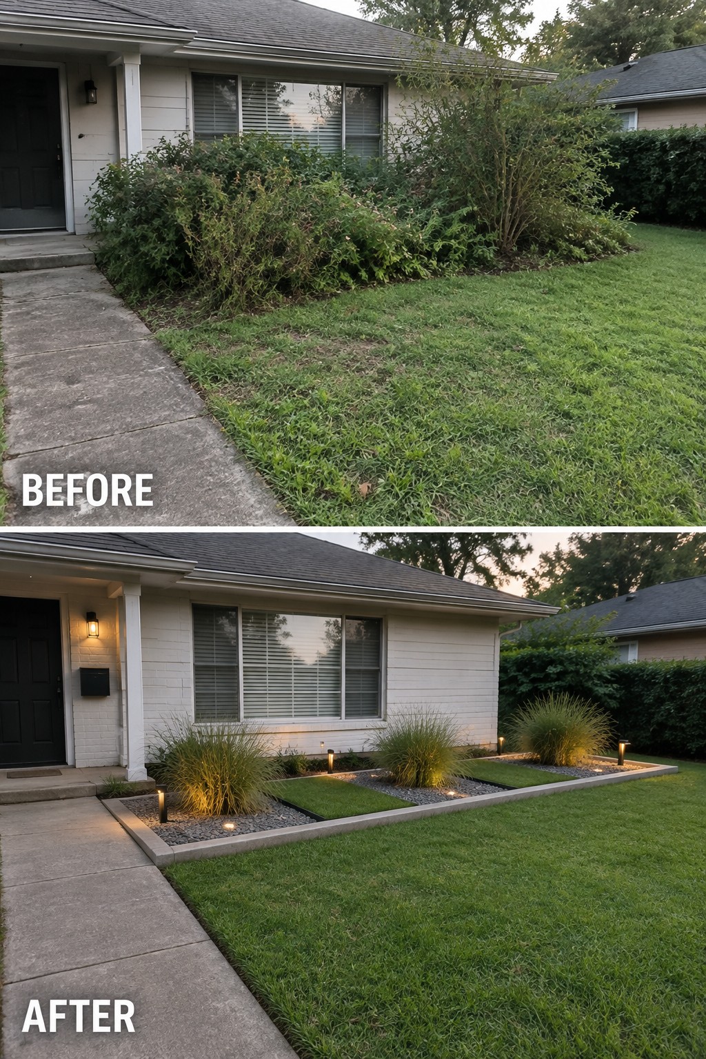 Before-and-after image of an overgrown front yard transformed into a structured landscape with rectangular garden beds edged in concrete, gravel sections, and low lighting.