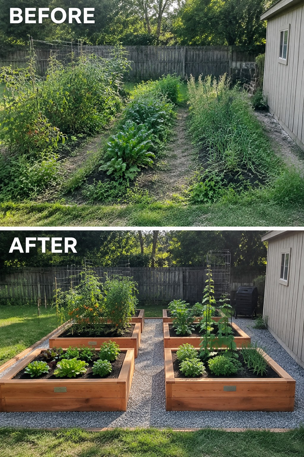 Before-and-after backyard garden transformed from overgrown rows to neat raised wooden beds.