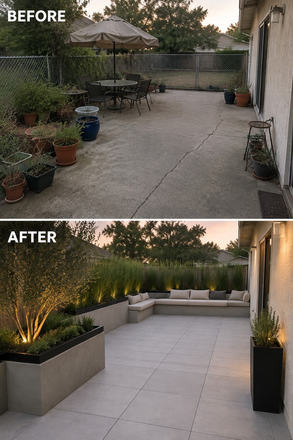 Before and after of backyard patio transformed with modern bench, planters and tile flooring