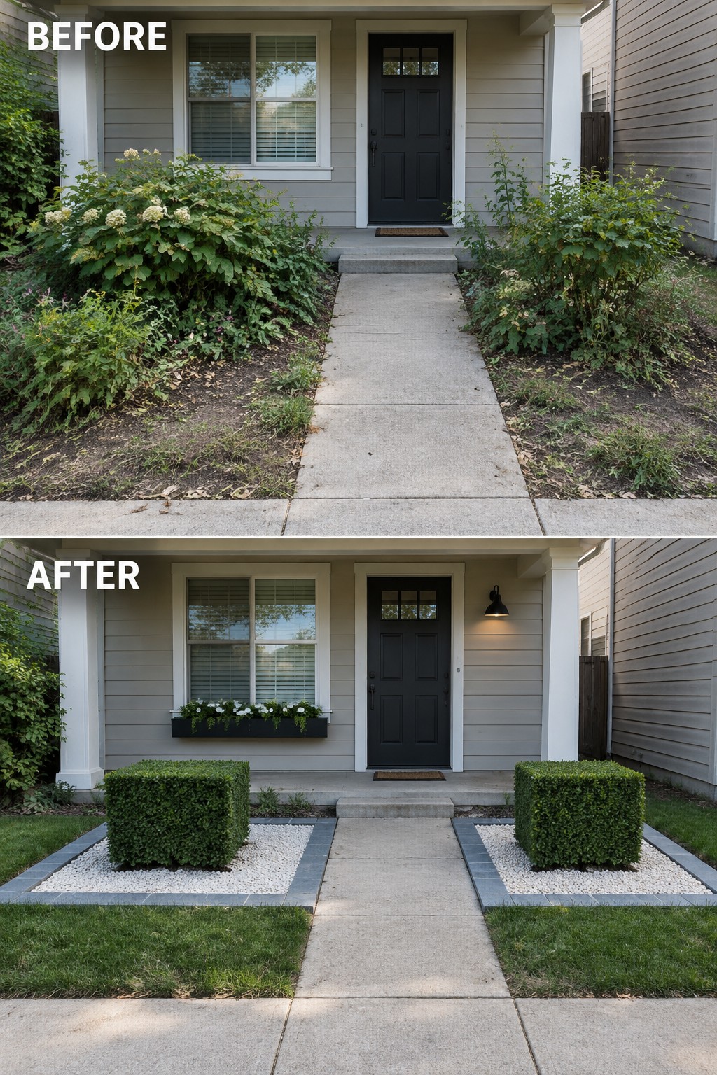 Before-and-after image of an overgrown front entry changed into a tidy yard with geometric boxwood beds and gravel.