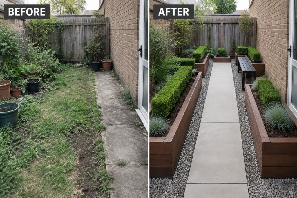 18 Modern Garden Makeover Ideas Built Around Clean Lines and Geometric Beds Before and after of narrow backyard with raised planters, path, and bench