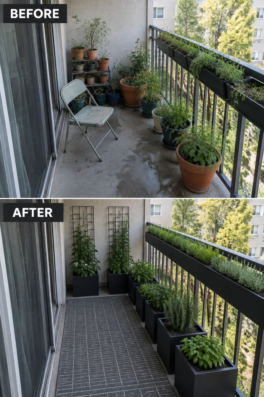 Before-and-after image of a cluttered balcony transformed with uniform black square planters, trellises, and a striped rug.