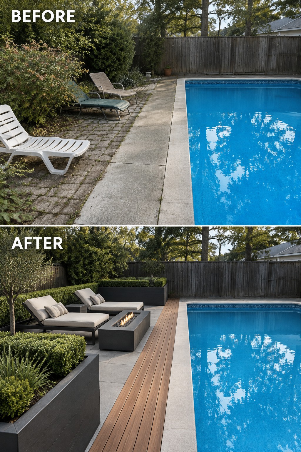Before and after backyard pool renovation with modern deck, seating, and fire pit.
