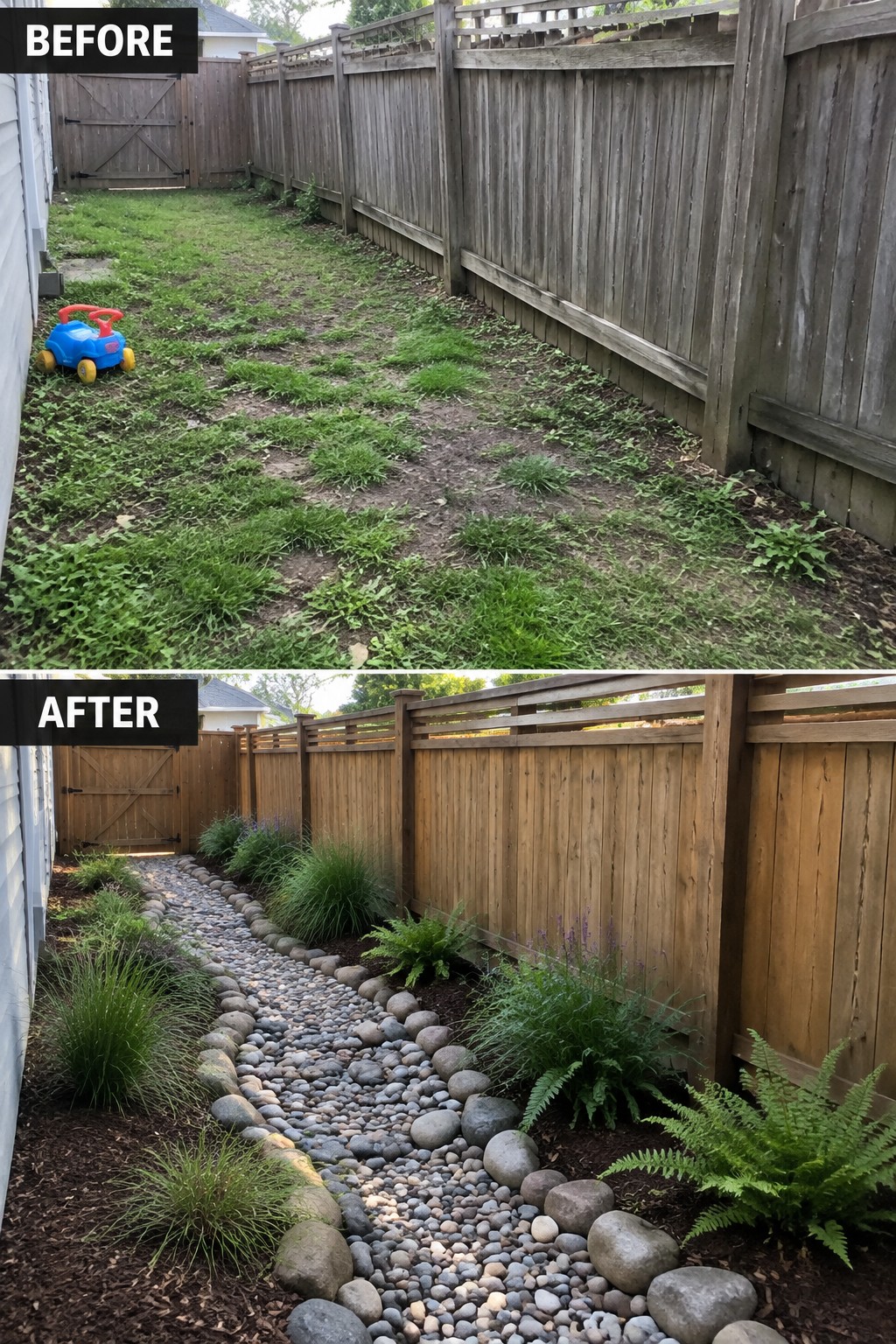 Before and after backyard fence with weeds replaced by pebble path and plants
