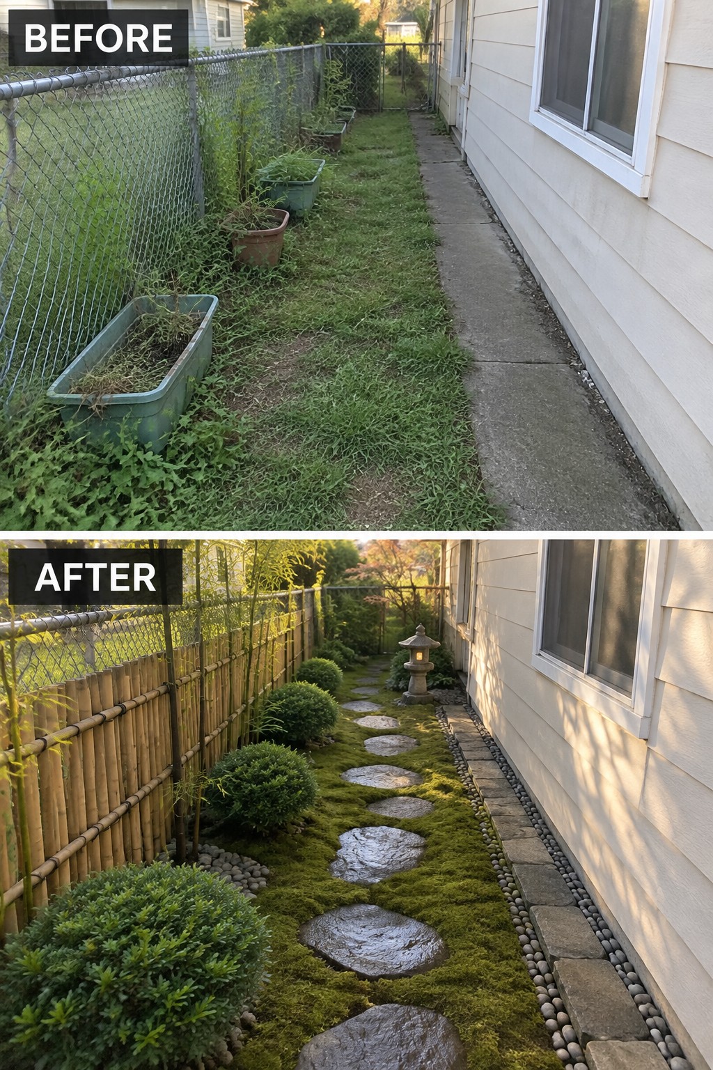 Before and after of overgrown side yard transformed into mossy zen garden with stepping stones