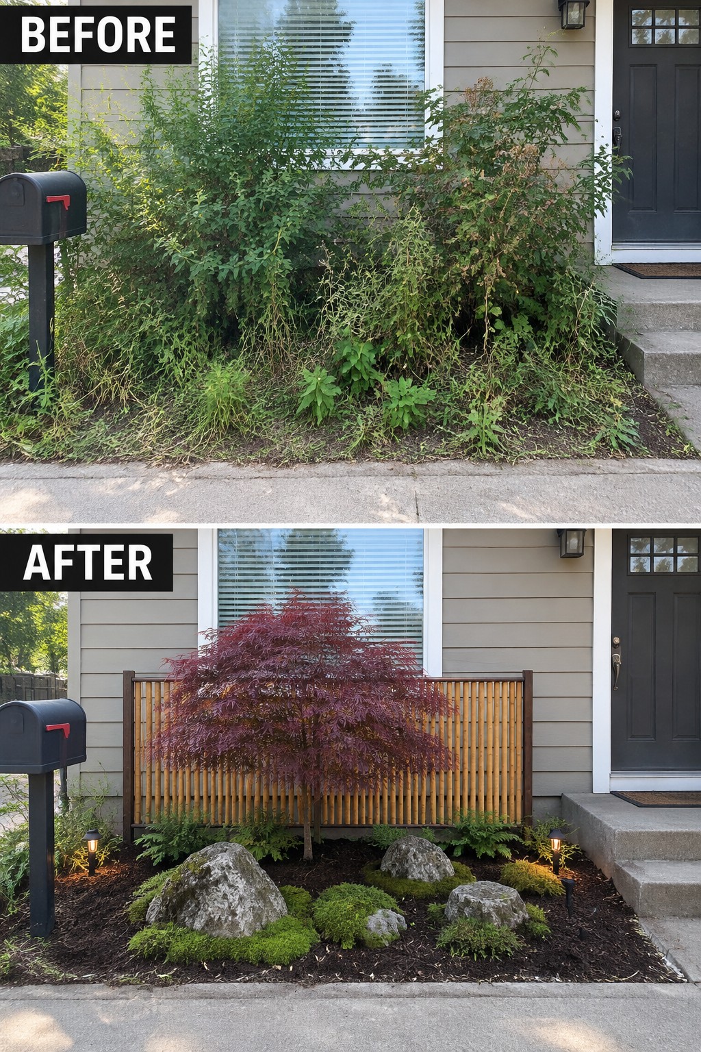 Before-after landscaping: overgrown shrubs replaced by red maple, bamboo screen, rocks and mulch.