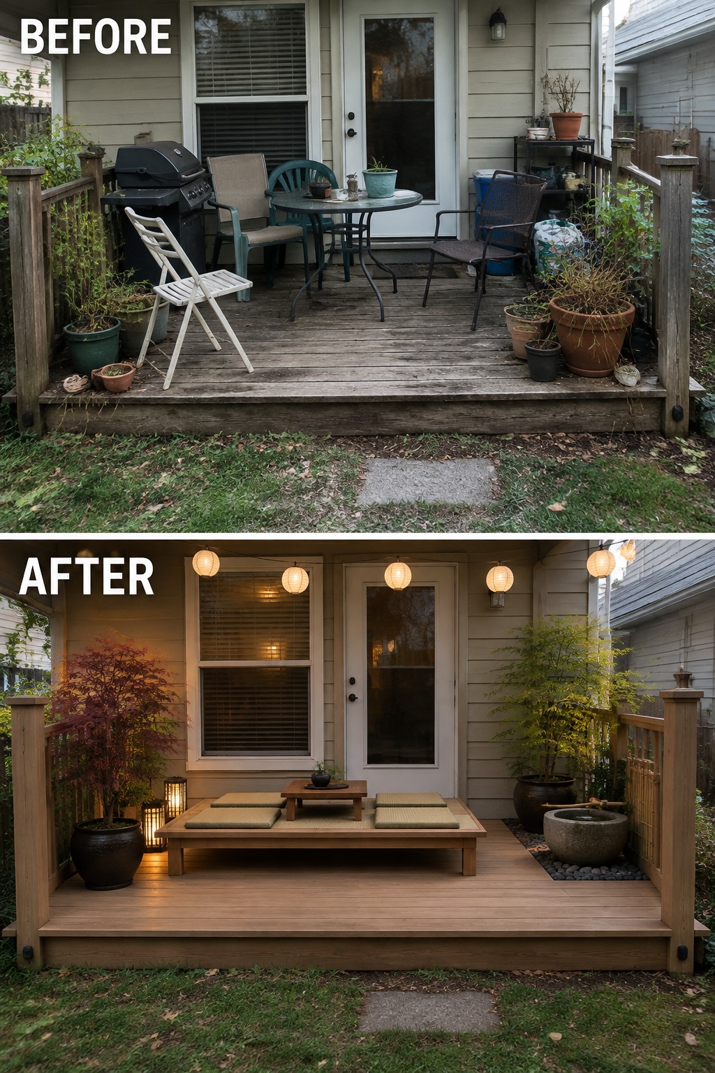 Before and after of cluttered deck transformed into minimalist zen patio with lanterns and cushions.