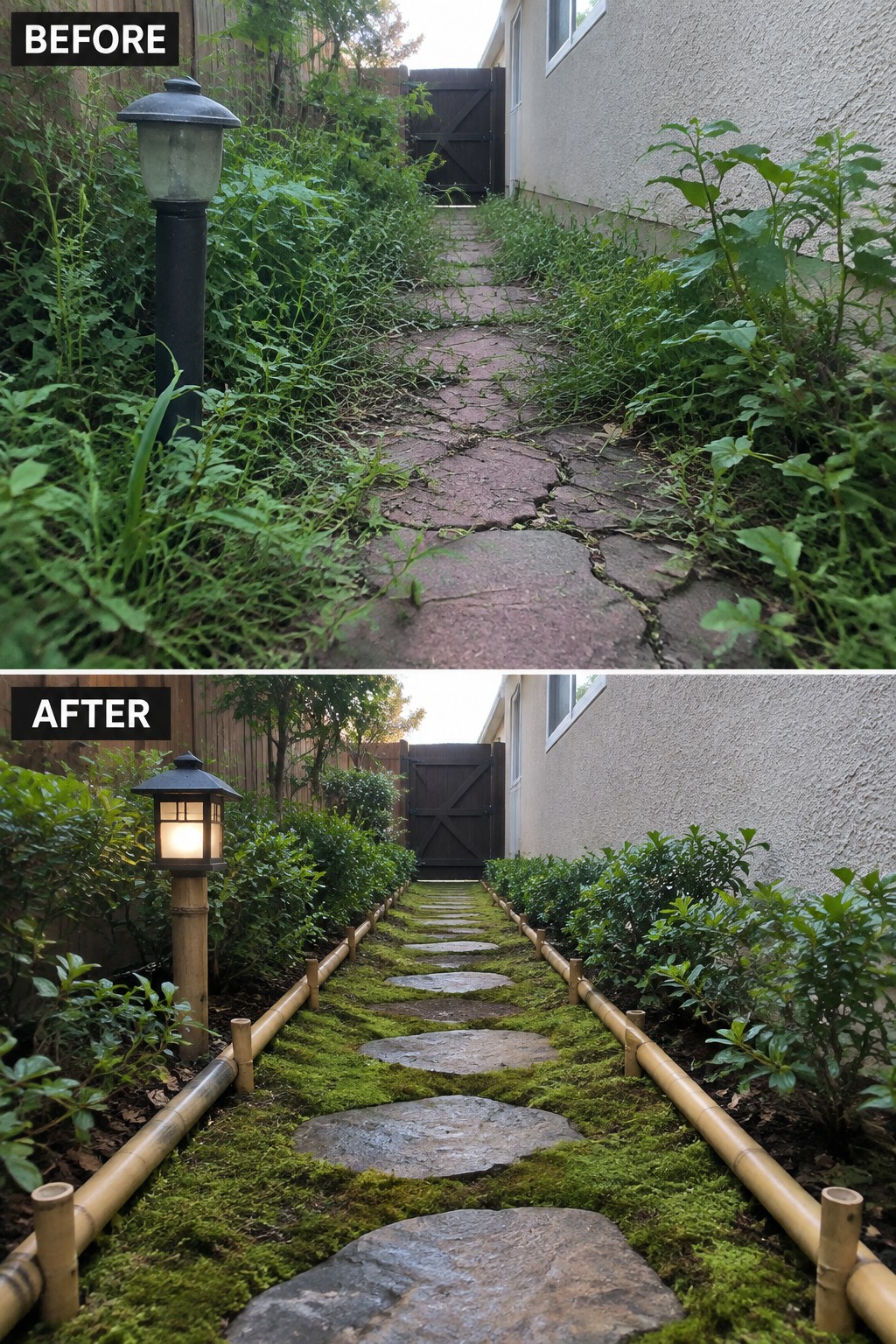 Before and after of overgrown cracked path transformed into mossy stepping-stone walkway with bamboo borders.
