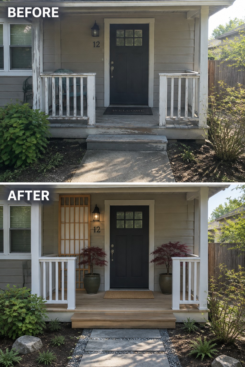 Before-and-after image of a front entry porch and garden updated with a stone and gravel path, wooden steps, and potted Japanese maples.