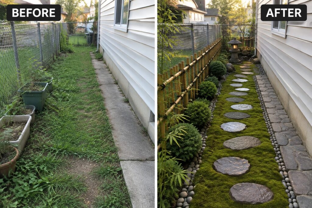 18 Serene Japanese-Inspired Small Garden Makeover Ideas Before and after of overgrown side yard transformed into mossy zen garden with stepping stones