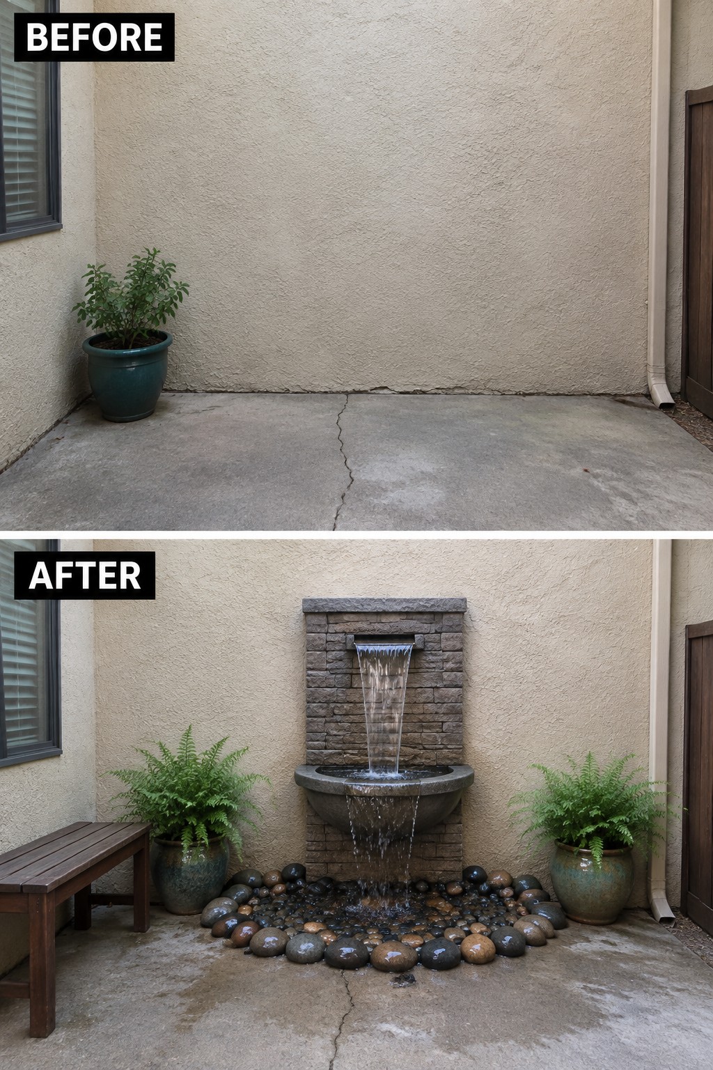 Outdoor patio before and after with new stone fountain, pebbles, ferns, and bench