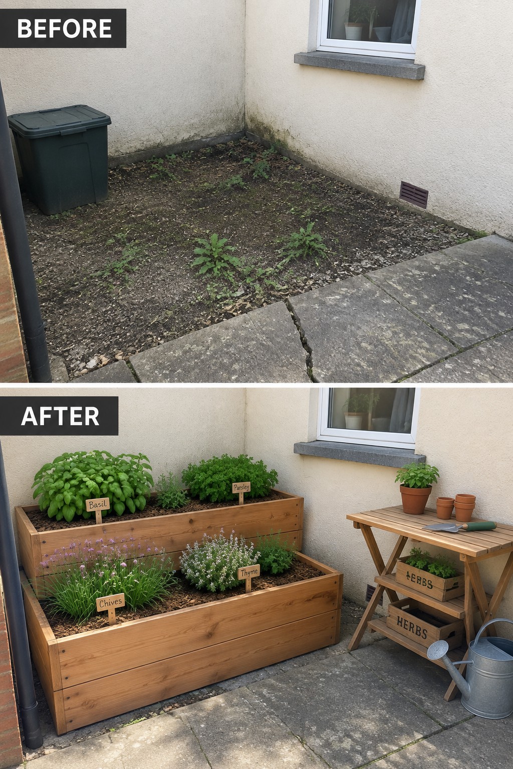 Before-and-after patio makeover from weedy dirt to herb garden in wooden planters.